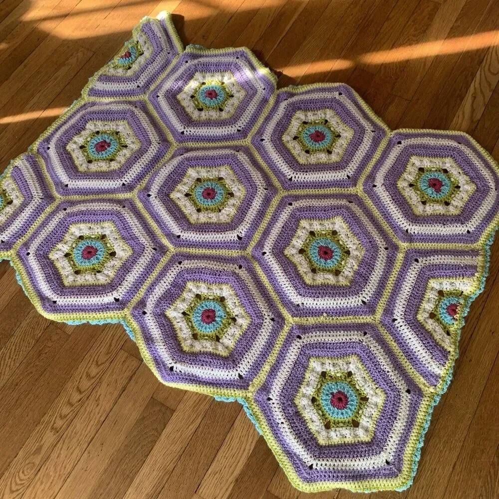 Granny Square Octagons Cotton Crocheted Afghan approx. 32x45” Multicolored Wheel